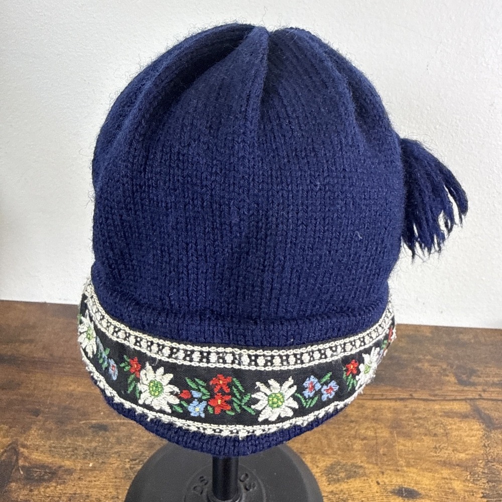 Murray Merkley Women Ponytail Winter Beanie Pure Virgin Wool Navy Nordic Tassel